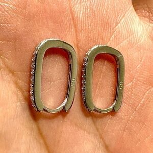 925 Sterling Silver Rectangle Hoop Earrings | Minimalist CZ Huggie Hoops